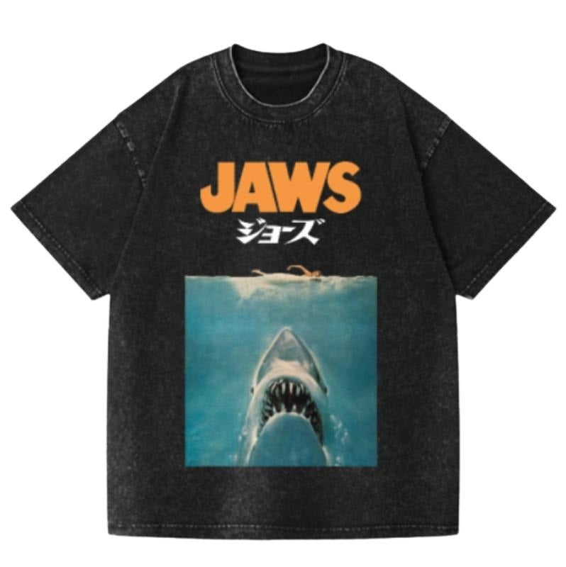 Jaws Shark Vintage Wash Japanese Design T-Shirt, Funny Anime Graphic Tee Shortsleeve Comfort Top Hoodie, Sweatshirt