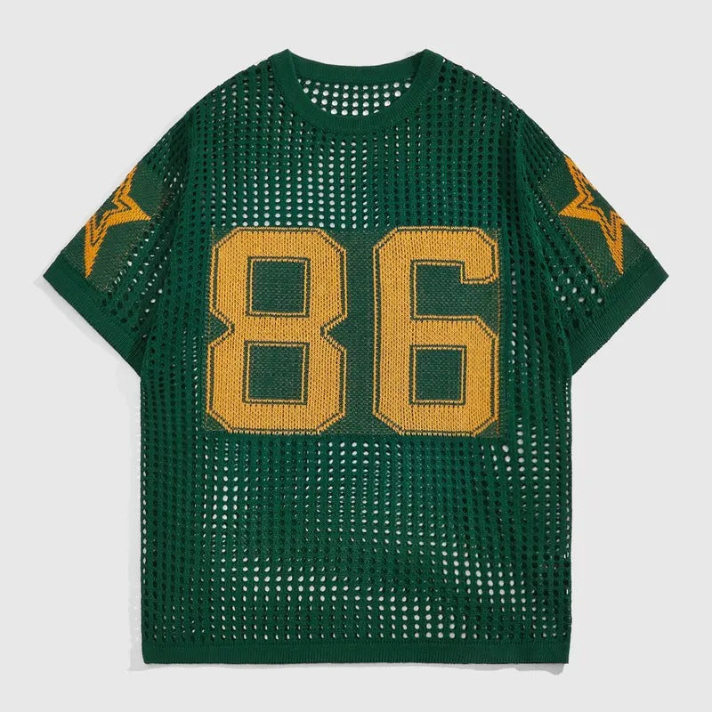 Jersey Shirt Crochet Tops Short Sleeve Letter Print Vintage Lightweight Pullover Sweater Hoodie Sweatshirt