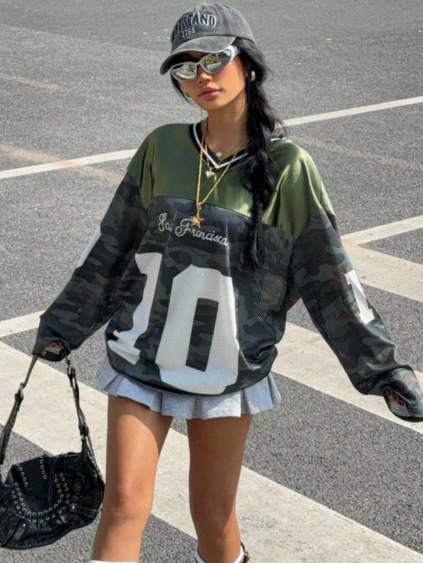 Jersey Shirt Long Sleeve Y2K Oversized V Neck Mesh Sport Graphic Tee Tops Hoodie, Sweatshirt | PrintMintTees.com