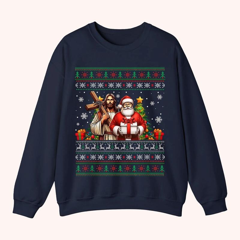 Jesus And Santa, Matching Friends Christmas, Funny Holiday Party Graphic Sweater Fleece Fabric Casual Sweatshirt Trendy...