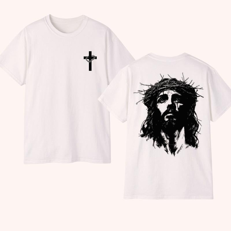 Jesus Christ Crown Of Thorns T-shirt - Christian Faith 2 Sided Tee Pure Cotton Casual Street Style Crew Neck Short Sleeve...