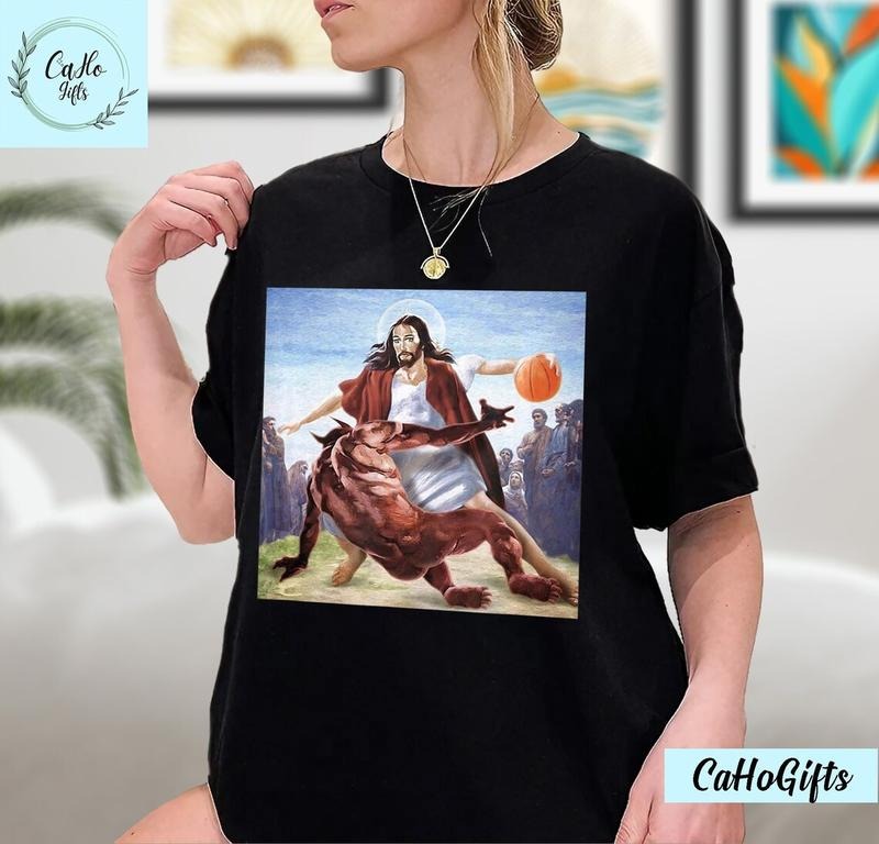Jesus Crossing Up The Devil Christian T-Shirt, Jesus Shirt, Jesus Basketball Shirt Cotton Menswear Hoodie Sweatshirt