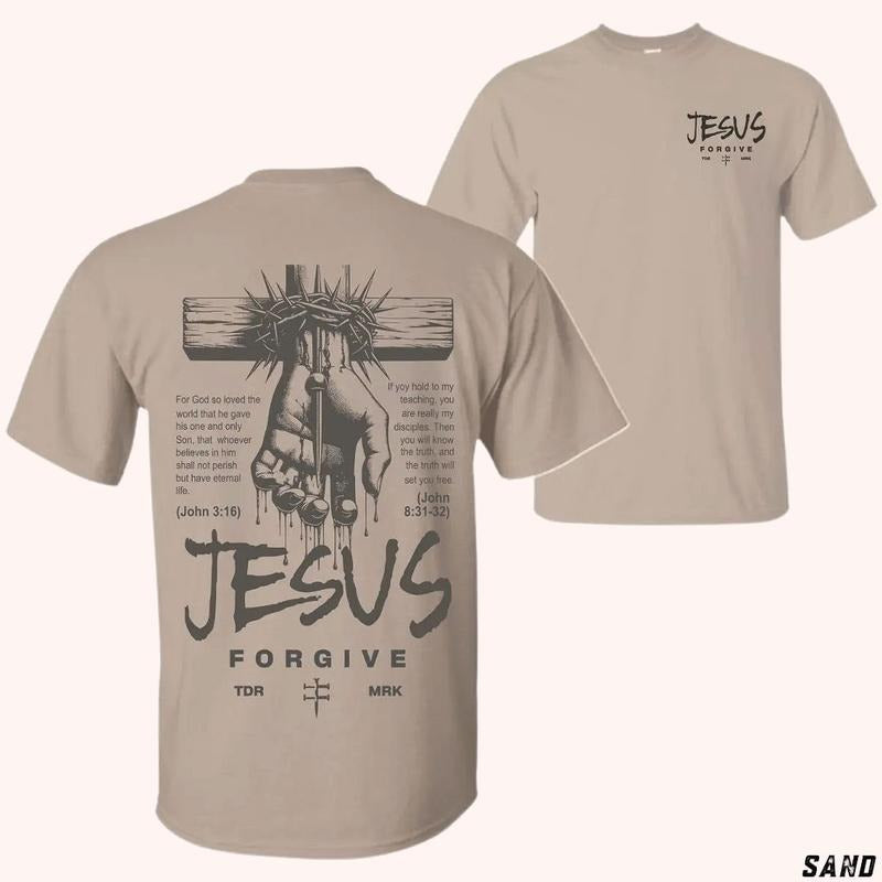Jesus Forgive - Inspirational Christian Shirt With Bible Verse Message 2 Siđed Tee Pure Cotton Casual Crew Neck Short...