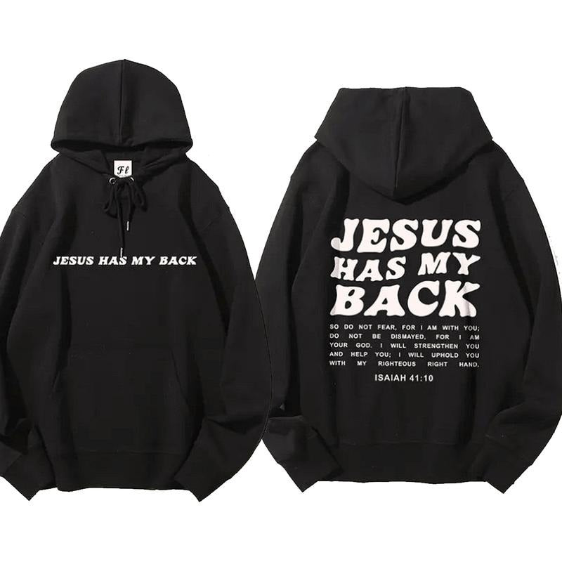 Jesus Has My Back 2 Sided Graphic Hoodie Fleece Fabric Casual Hooded Sweatshirt Trendy Tops Perfect Gift Shirt