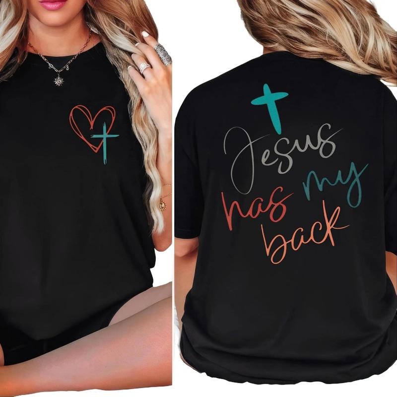 Jesus Has My Back T-shirt, Christian Jesus 2 Siđed Graphic Tee Pure Cotton Casual T-Shirt Trendy Tops Perfect Gift for...
