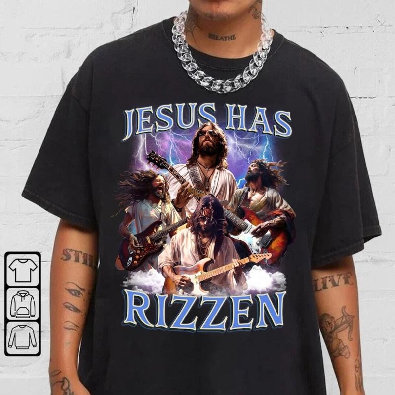 Jesus Has Rizzen Guitar Funny shirt, Jesus Plays Guitar, Funny Jesus Shirt Cotton Polyester Menswear Top Hoodie Sweatshirt