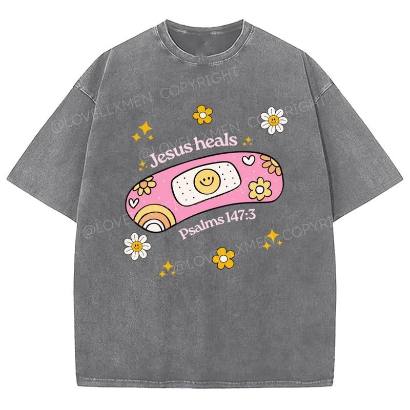 Jesus Heals Unixes Washed T-Shirt, Christian Jesus  t shirts, Vintage 90s Graphic Tee Gift Cotton Top, Mineral color...