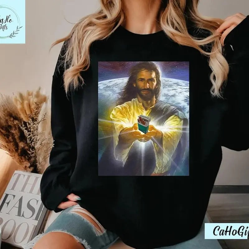 Jesus Holding Cigar | Newport | Funny Meme T-Shirt Cotton Top Womenswear Comfortable Hoodie Sweatshirt | PrintMintTees.com
