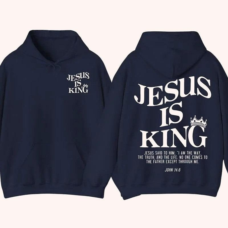 Jesus Is King Hoodie, Christian Pullover With Crown And Bible Verse John 14:6 2 Sided Graphic Hoodie Fleece Fabric Casual...