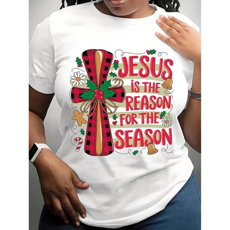 Jesus Is The Reason For The Season Christmas Cross T-Shirt Women's Holiday Christian Christmas Shirt With Plaid Cross...