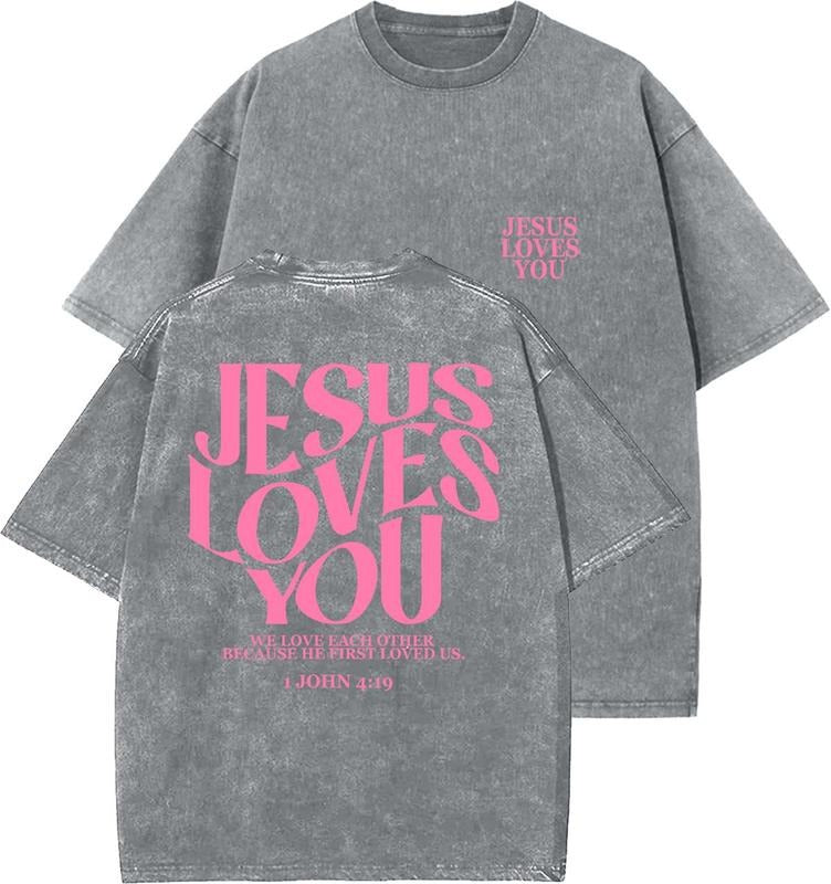 Jesus Loves You Unisex Washed T-Shirt, Christian t shirts, Vintage 90s Graphic Tee, Gift Top Womenswear Cotton Mineral...