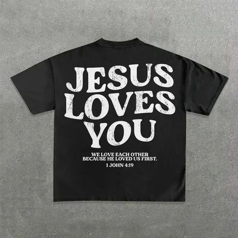 Jesus Loves You Words Print Short Sleeve T-Shirt Womenswear , Menswear Streetwear Top Hoodie Sweatshirt | PrintMintTees.com