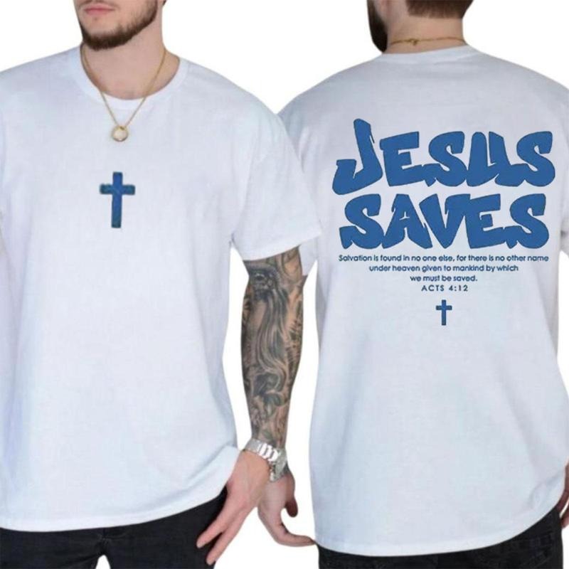 Jesus Saves 2 Sided Tee Pure Cotton Casual Street Style Crew Neck Short Sleeve T-Shirt Tops Trendy for Women for Men...