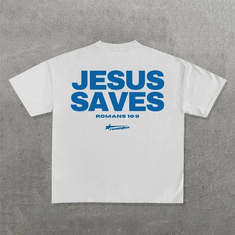 Jesus Saves Print Short Sleeve T-Shirt - Vintage Graphic T-Shirt, Menswear & Womenswear Streetwear Hoodie Sweatshirt