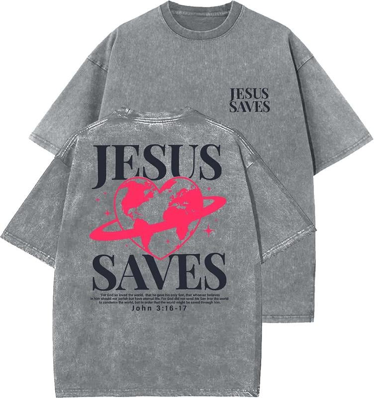 Jesus Saves Unisex Washed T-Shirt, Christian t shirts, Vintage 90s Graphic Tee, Gift Top Womenswear Cotton Mineral Color...