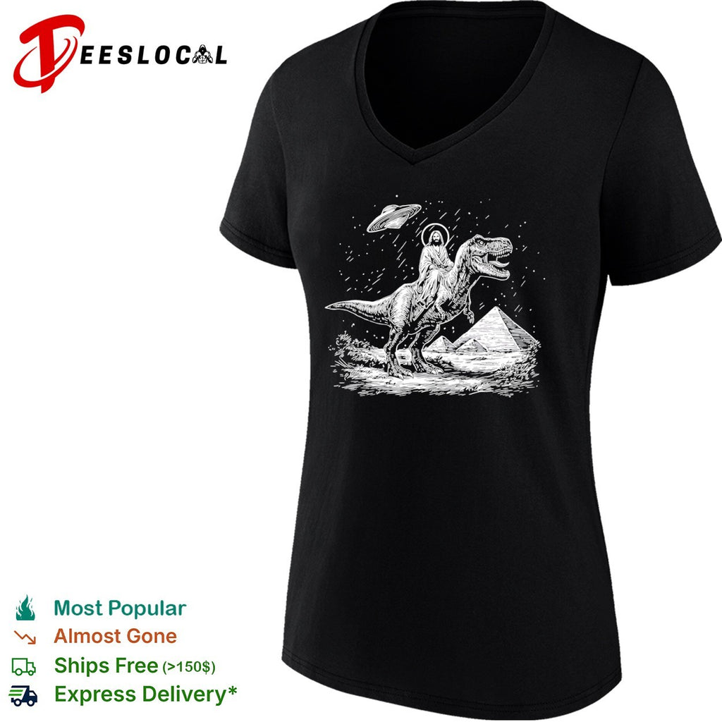 Jesus T-Rex riding dinosaur pyramids UFO shirt