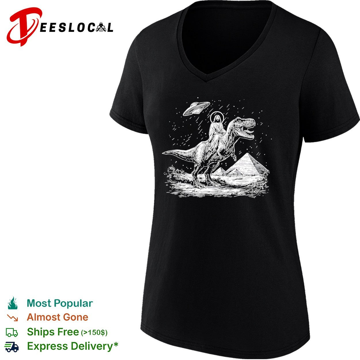Jesus T-Rex riding dinosaur pyramids UFO shirt