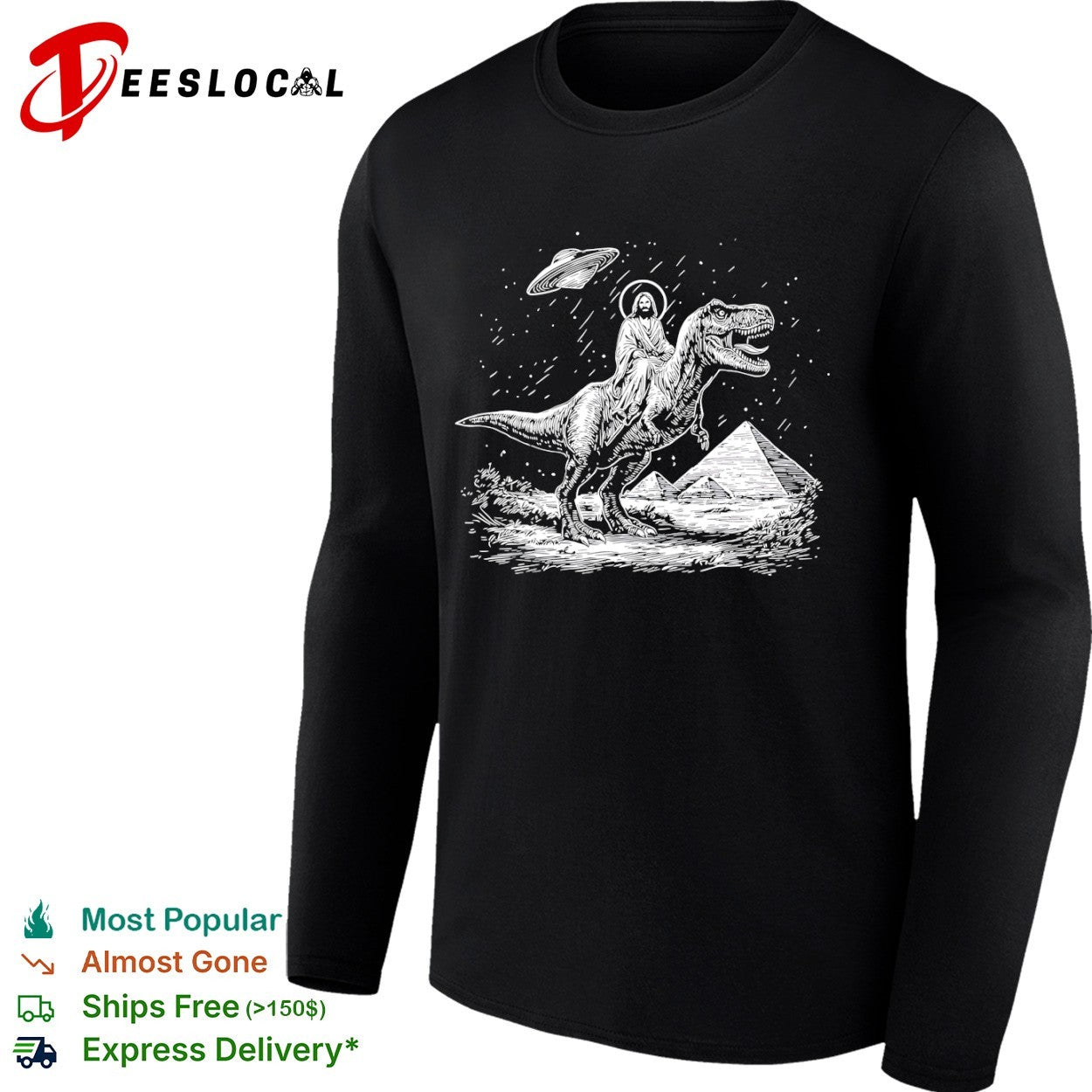 Jesus T-Rex riding dinosaur pyramids UFO shirt