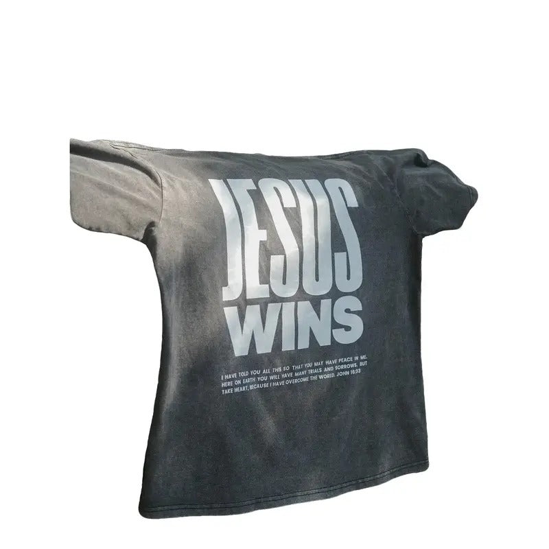 Jesus Wins Oversized Acid Washed T-shirt Heavy Weight material Christian apparel street wear Cotton Polyester Hoodie...