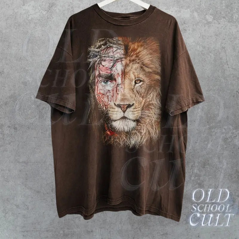 Jesus X Lion Vintage 90s Graphic Shirt, Christian Shirt, Easter Shirt, Christian Easter Shirt Cotton Menswear Hoodie...