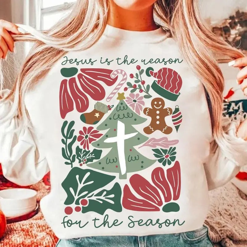 Jesus is the Reason Boho Floral Christmas Sweatshirt, Be The Light, Christian Xmas, Jesus Christmas Cross, Dalmatian...