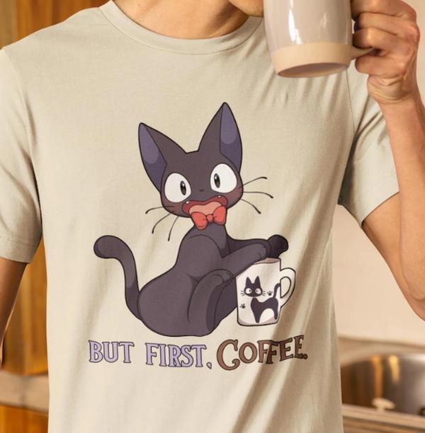Jiji the Cat 'But First, Coffee.' Unisex Jersey Short Sleeve Tee | Kiki's Delivery Service Inspired T Shirt Hoodie Sweatshirt