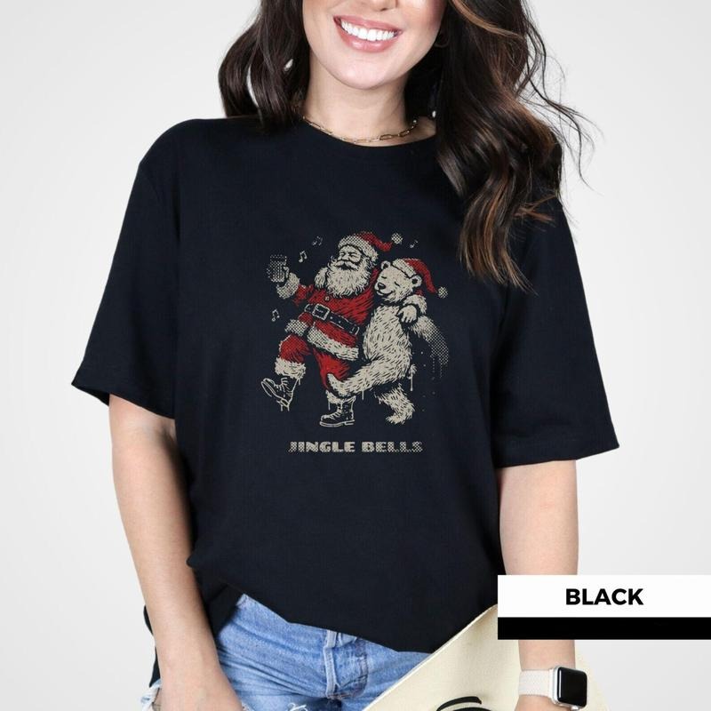 Jingle Bells Santa and Polar Bear Shirt, Retro Vintage Christmas Tee, Funny Santa Claus Graphic Tshirt Hoodie Sweatshirt