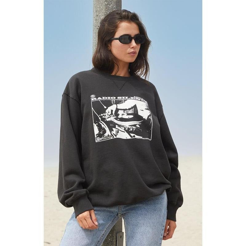 John Galt Women's Black Erica Radio Silence Crew Neck Sweatshirt Shirt Hoodie | PrintMintTees.com
