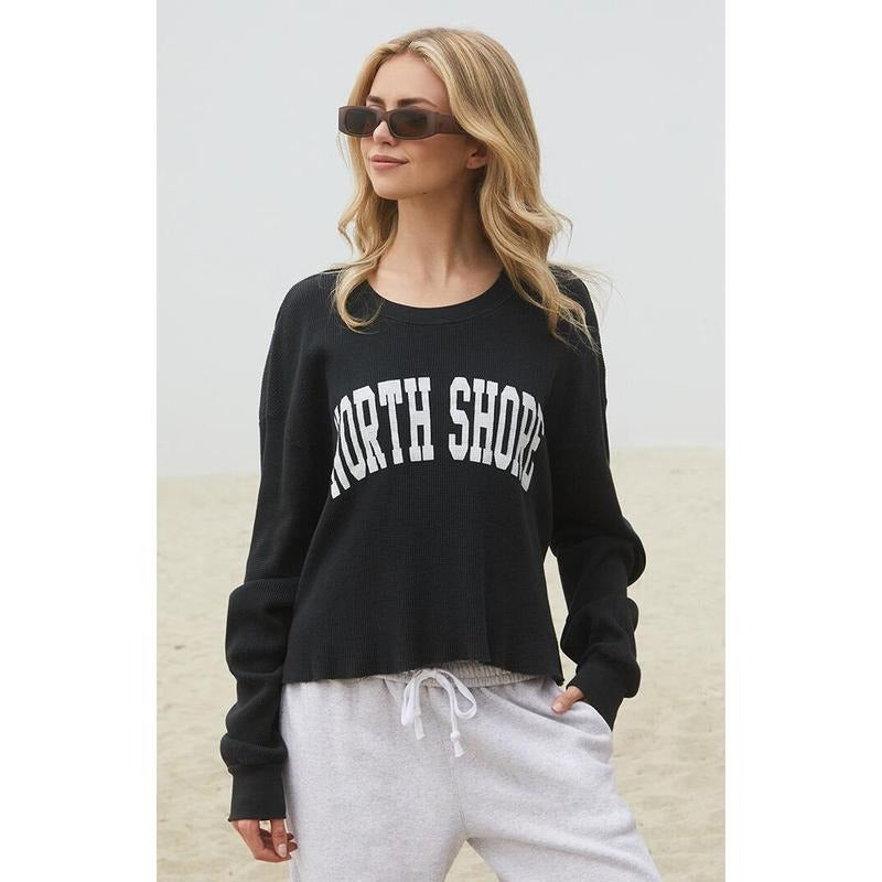 John Galt Women's Black North Shore Waffle Knit Crew Neck Sweatshirt T-Shirts, Hoodie | PrintMintTees.com