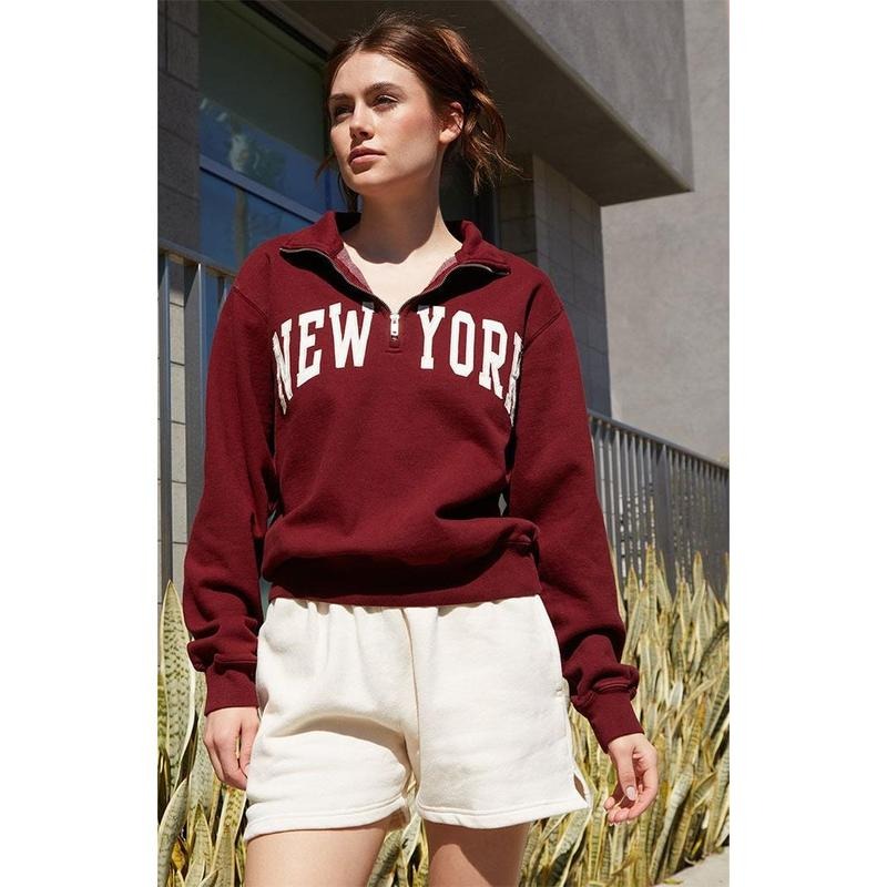 John Galt Women's Burgundy New York Half Zip Sweatshirt Shirt Hoodie | PrintMintTees.com