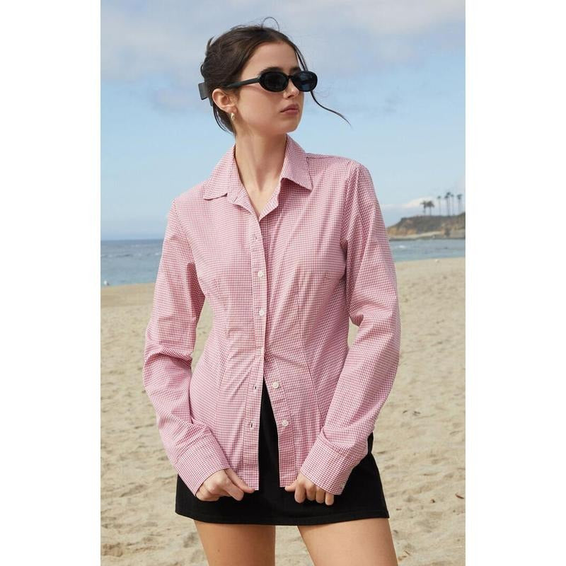 John Galt Women's Red Millie Plaid Long Sleeve Shirt Hoodie Sweatshirt | PrintMintTees.com