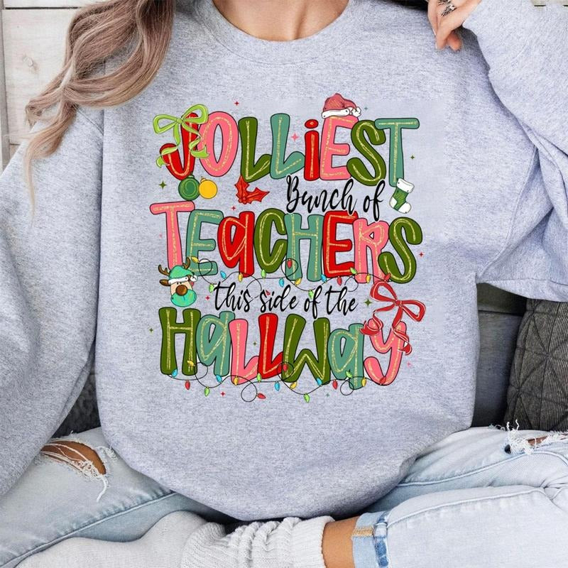 Jolliest Bunch of Teacher Christmas Shirt Sweatshirt, Christmas Books Teacher Tee, Festive Xmas Teacher Top, Holiday Gift...