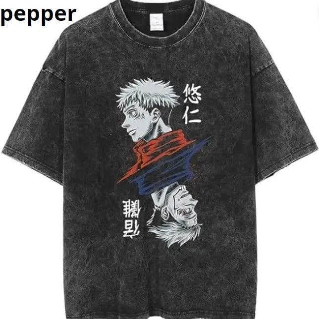 Jujutsu Kaisen T-shirt, Anime Jujutsu Kaisen Short Sleeve T-Shirt Washed Fabric Vintage Style Round Neck Cool Design...