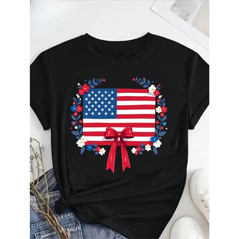 Round Neck T-shirt 100% Patriotic Floral American Flag T Shirt for Women Plus Size Casual Summer Tee USA Independence Day...