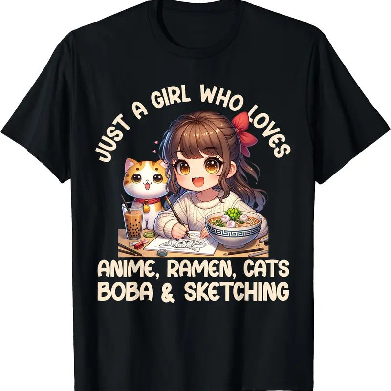 Just A Girl Who Loves Anime Ramen Cats Boba And Sketching TShirt Hoodie Sweatshirt | PrintMintTees.com