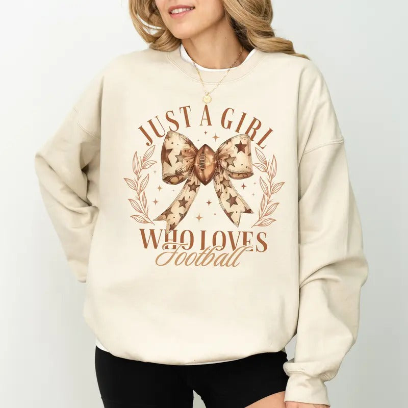Just Girl Who Loves Football Girly Coquette Bow Cute Football Fall Sports Game Day Tops Touchdown Season Comfy Long Sleeve Tops Casual Womenswear T-Shirts, Hoodie, Sweatshirt