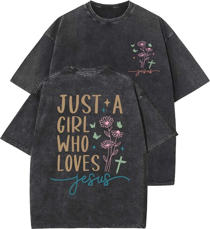 Just A Girl Who Loves Jesus Unisex Washed T-Shirt, Christian t shirts, Vintage 90s Graphic Tee, Gift Top Womenswear...