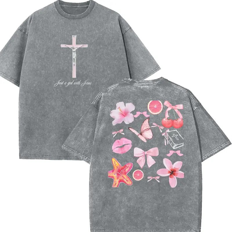 Just A Girl With Jesus Unisex Washed T-Shirt, Christian t shirts, Vintage 90s Graphic Tee, Gift Top Womenswear Hoodie,...