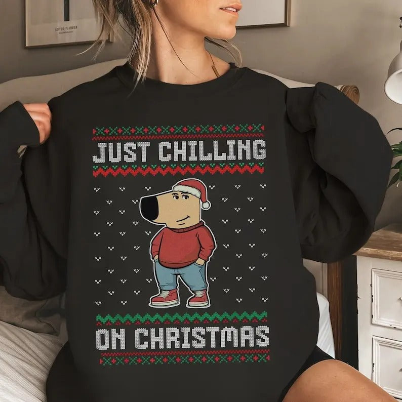 Just Chilling On Christmas Ugly Christmas Sweater Sweatshirt, Chill Guy Christmas, Funny Dog Cartoon Shirt Hoodie