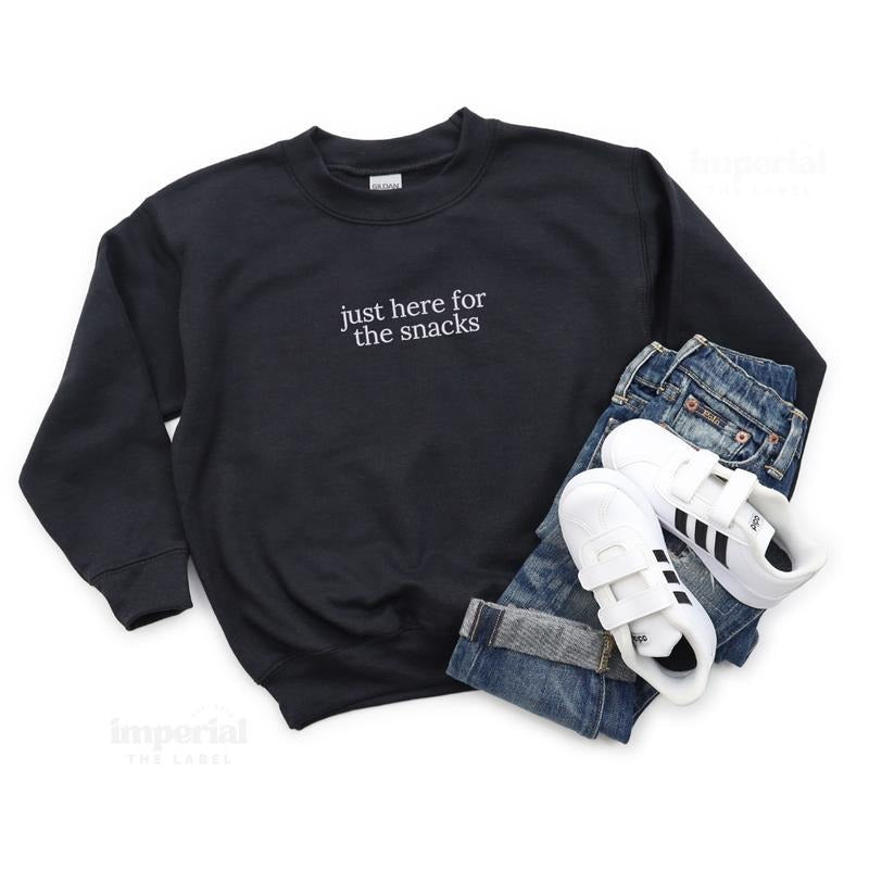 Just Here for the Snacks Embroidered Youth Sweatshirt and Kid's Comfort Colors T-Shirt, Funny Kids Crewneck, Cute Foodie...