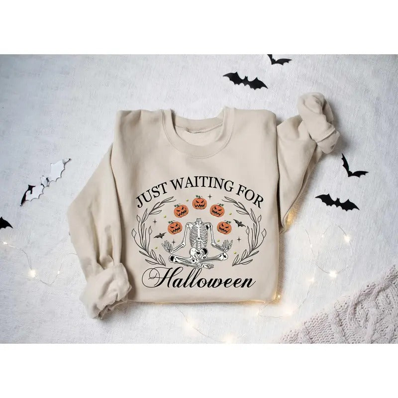 Just Waiting For Halloween Shirt Halloween T Shirt Skeleton Shirt Trendy Halloween Here For The Boos Pumpkin Skeleton...