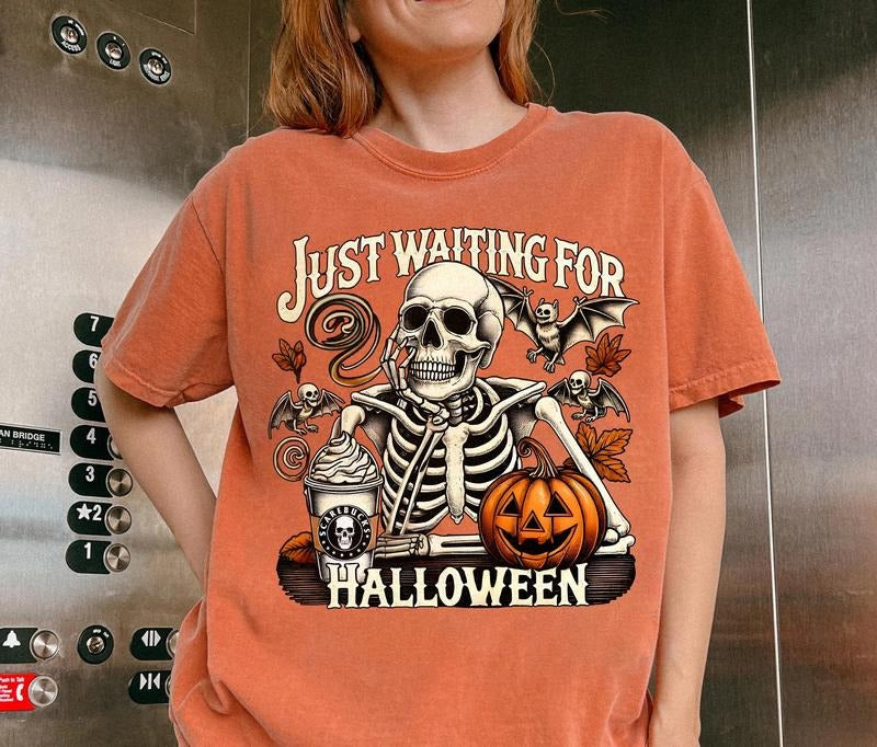 Just Waiting for Halloween Comfort Colors Shirt, Skeleton Halloween Shirt, Funny Skeleton Pumpkin Tee, Spooky Fall...