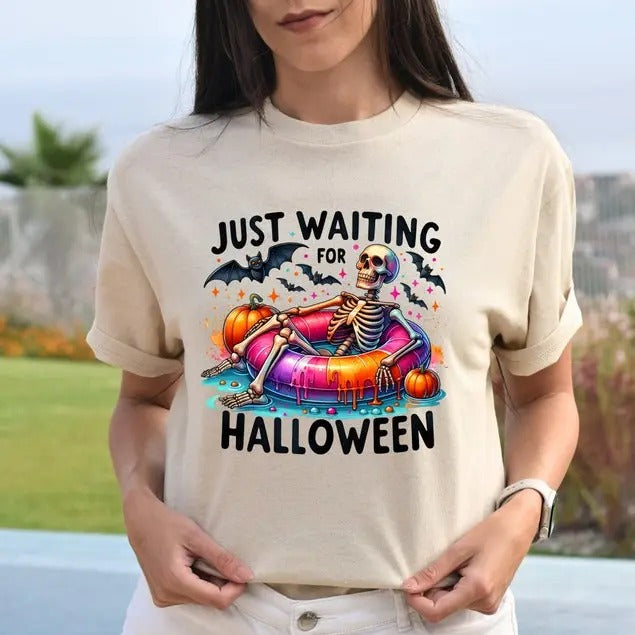 Just Waiting for Halloween Shirt, Cute Spooky Summer Halloween T Shirt, Halloween Skeleton Shirt, Halloween Gift T Shirt...