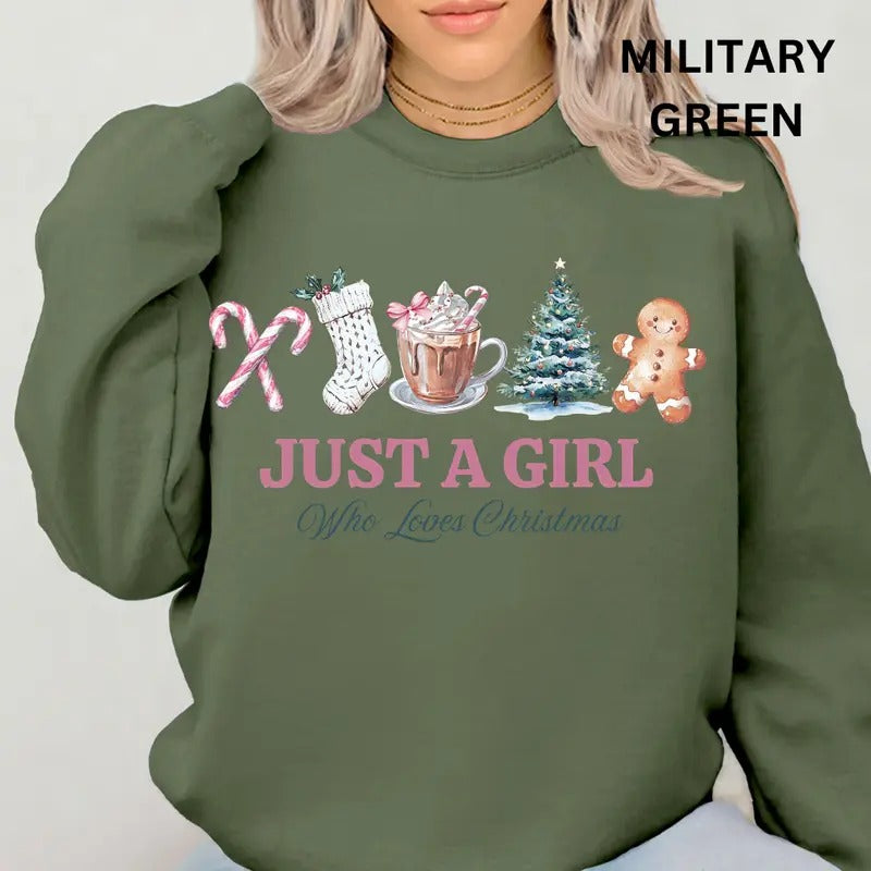 Just a Girl who Loves Christmas Winter Graphic Long Sleeve Casual Cotton Polyester Oversized sweatshirt