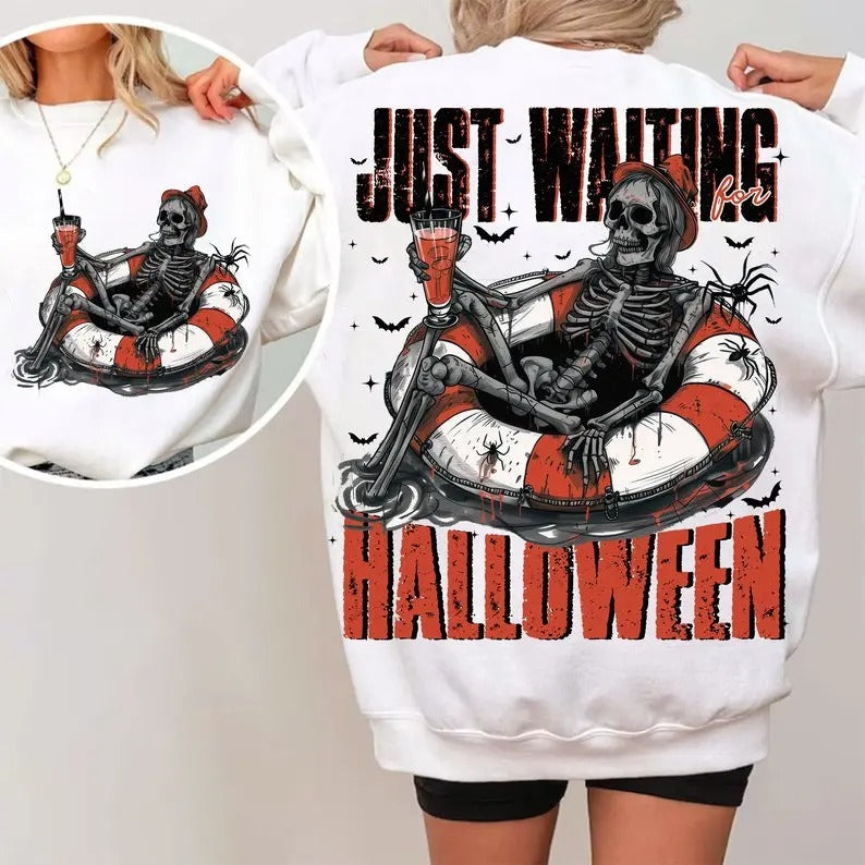 Just waiting for Halloween shirt, Skeleton design shirt, Vintage Halloween shirt, Retro halloween design, female skeleton...
