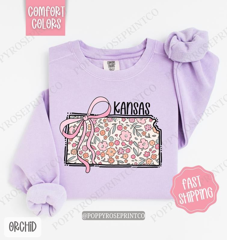 Kansas Floral Comfort Colors Sweatshirt, Kansas Sweatshirt, Cute Bow Kansas Sweatshirt Shirt Hoodie | PrintMintTees.com