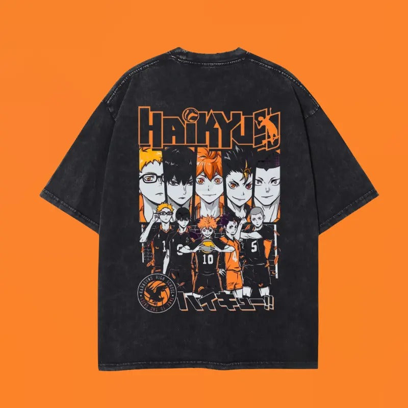Karasuno Team Washed Oversized T-Shirt, Haikyuu Haikyu Anime Washed Heavy Cotton Special Graphic Tee Hoodie Sweatshirt