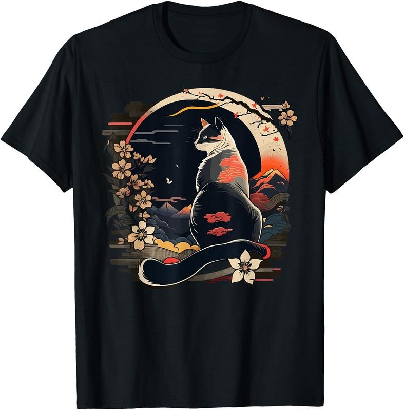 Kawaii Cat Anime Japanese Retro Funny Cat Cotton Short Sleeve Shirt Hoodie Sweatshirt