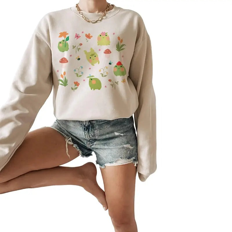 Kawaii Frog Sweatshirt, Kawaii Sweatshirt, Cottagecore Clothing, Kawaii Clothes, Frog Sweater, Frog Gift Goblincore...
