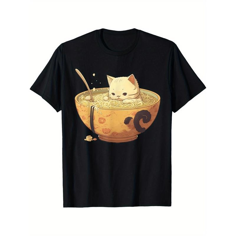 Kawaii Retro bowl Cat Japanese aesthetics Anime T-Shirt Selected pure cotton interesting design  short sleeve t-shirt for...